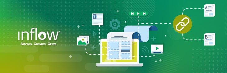 Illustration of laptop with content page, with lines connecting content to images for pictures, copy, links. Logo: Inflow. Attract. Convert. Grow.