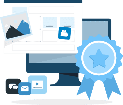 cro-sound-good Desktop computer monitor with overlapping web screen and blue ribbon. Illustration.
