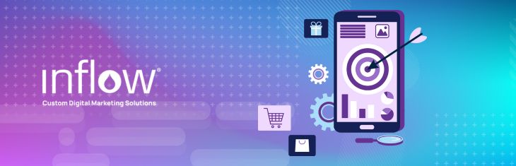 Mobile phone screen with a bullseye and an arrow in the middle. Illustration. Logo: Inflow. Custom Digital Marketing Solutions.