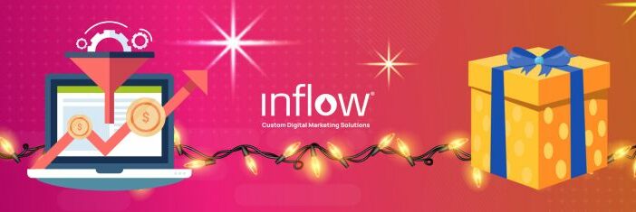Laptop computer displaying a growth graph and a funnel, as well as a large wrapped present. Illustration. Logo: Inflow. Custom Digital Marketing Solutions.